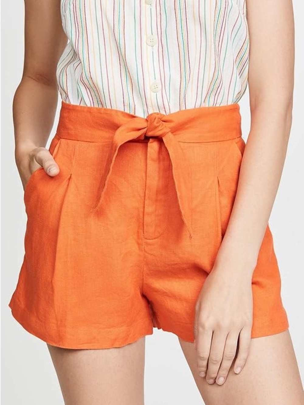 Joie Orange High-Waist Tie-Belt Linen-Shorts